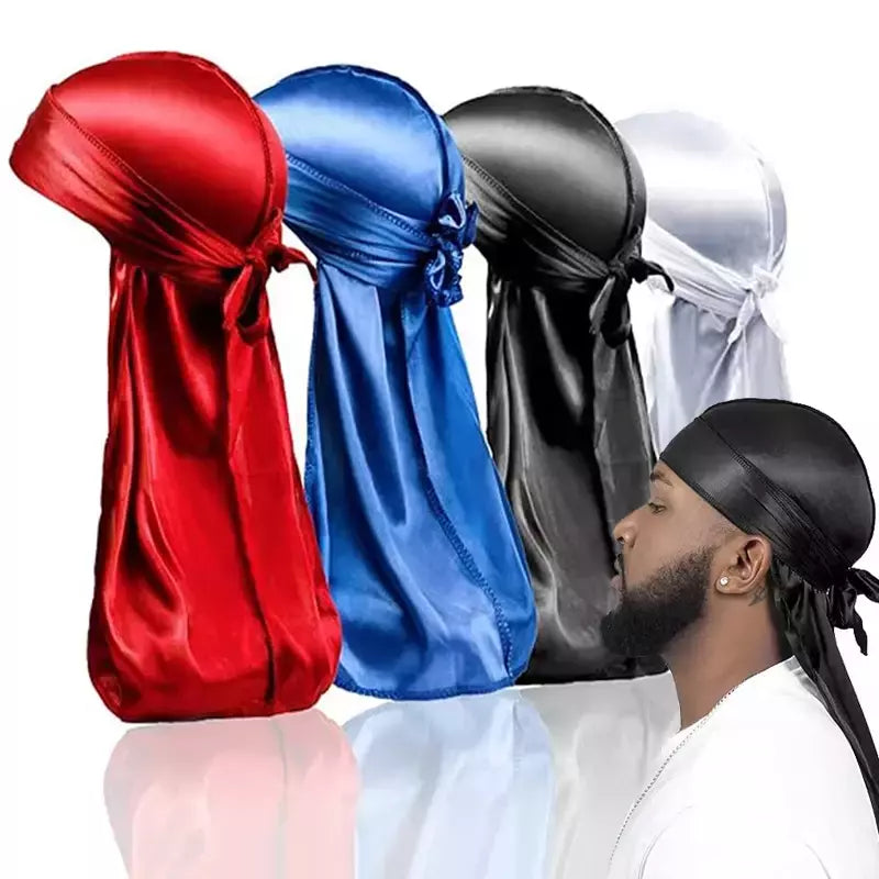 Respirável cauda longa Doo Rag para homens, seda Durag, chapéu bandana turbante, bandana, novo, 1-4pcs