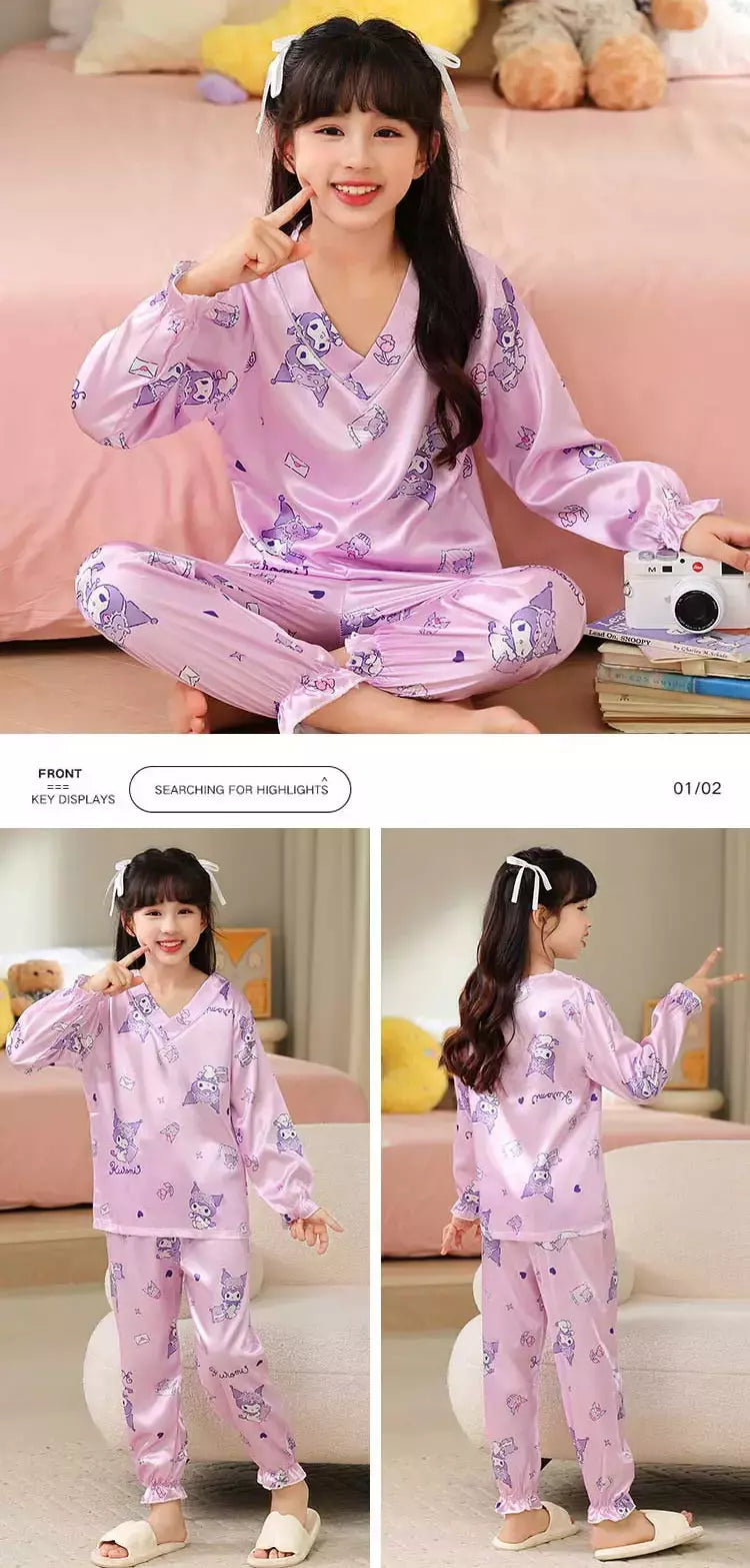 Ice Silk infantil Conjunto de Pijamas de manga curta, Pijamas gola V, Anime Sanrio Kuromi Minha melodia Desenhos animados, Cinnamoroll Menina, Cinnamoroll