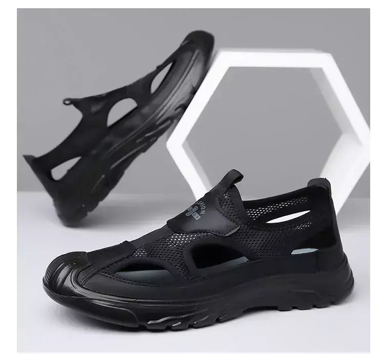 Sandálias de malha respirável para homens, sandálias de praia antiderrapantes, sapatos ocos ao ar livre, calçados flats, verão, novo