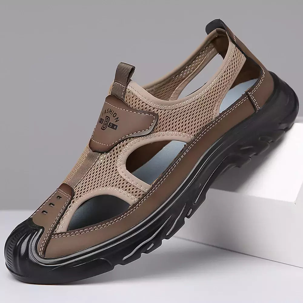 Sandálias Baotou respiráveis masculinas, sapatos de malha oca, leves, antiderrapantes, esportes casuais, ao ar livre, praia, verão