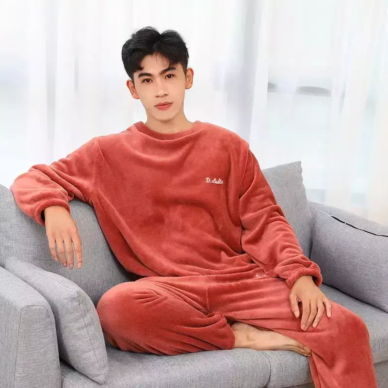 Pijama de lã coral grande masculino, veludo grosso, flanela juvenil quente, conjunto de peles domésticas, outono e inverno
