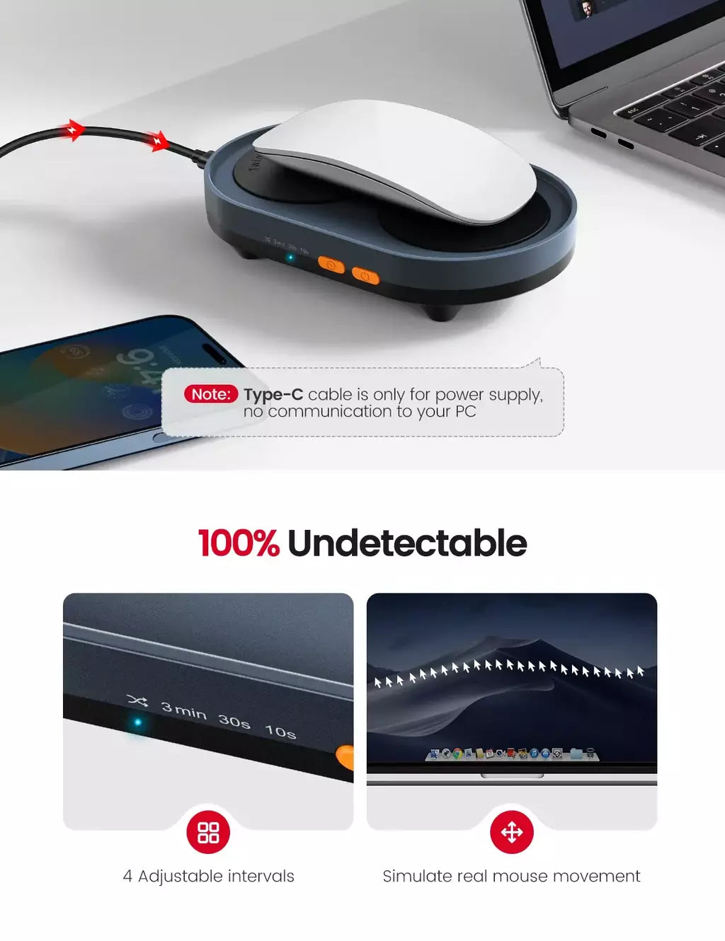 Vaydeer Dual Turntable Mouse Mover com intervalos ajustáveis e interruptor liga/desliga, simulação de mouse Jiggler indetectável e silencioso