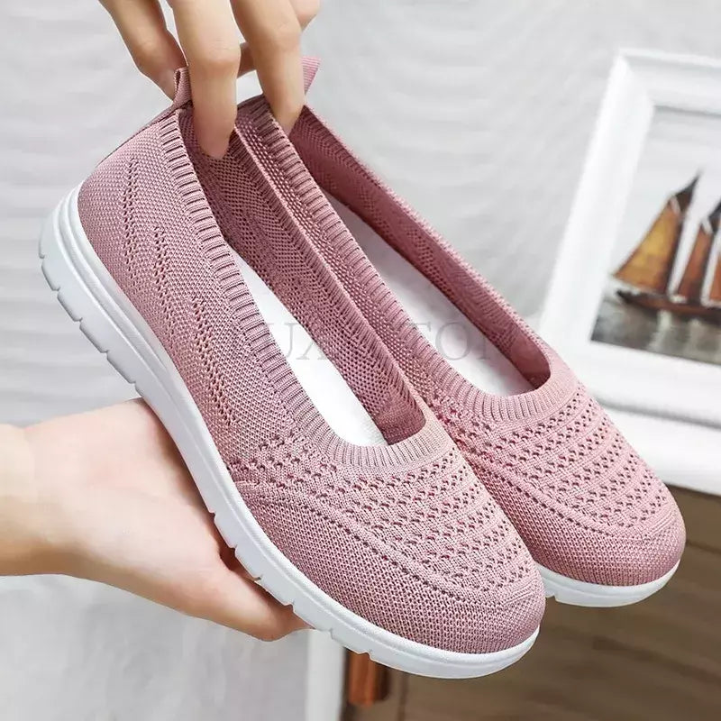 Sandálias de plataforma antiderrapante para mulheres, mocassins respiráveis, sapatos de caminhada casuais, monocromáticos, deslizantes, malha, moda, verão
