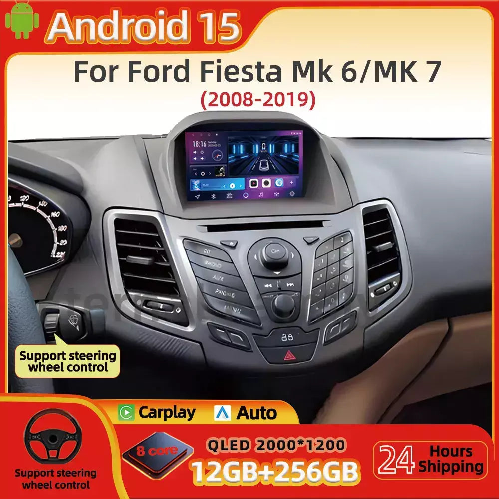 Rádio do carro carplay android 15 para ford fiesta mk 6 para ford fiesta mk 7 2008 - 2019 reprodutor de vídeo multimídia tela sensível ao toque gps automático