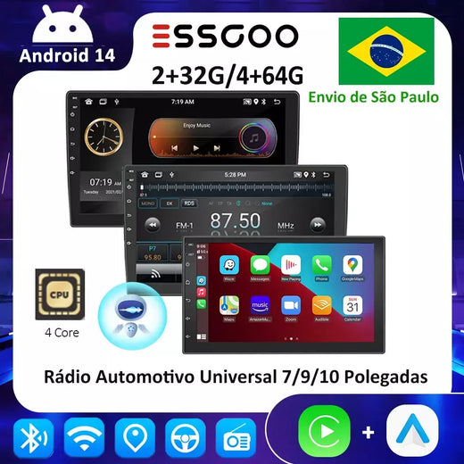 Essgoo android 14 rádio do carro sem fio carplay auto 7 "/9"/10 "universal wifi gps áudio do carro reprodutor multimídia para nissan toyota kia