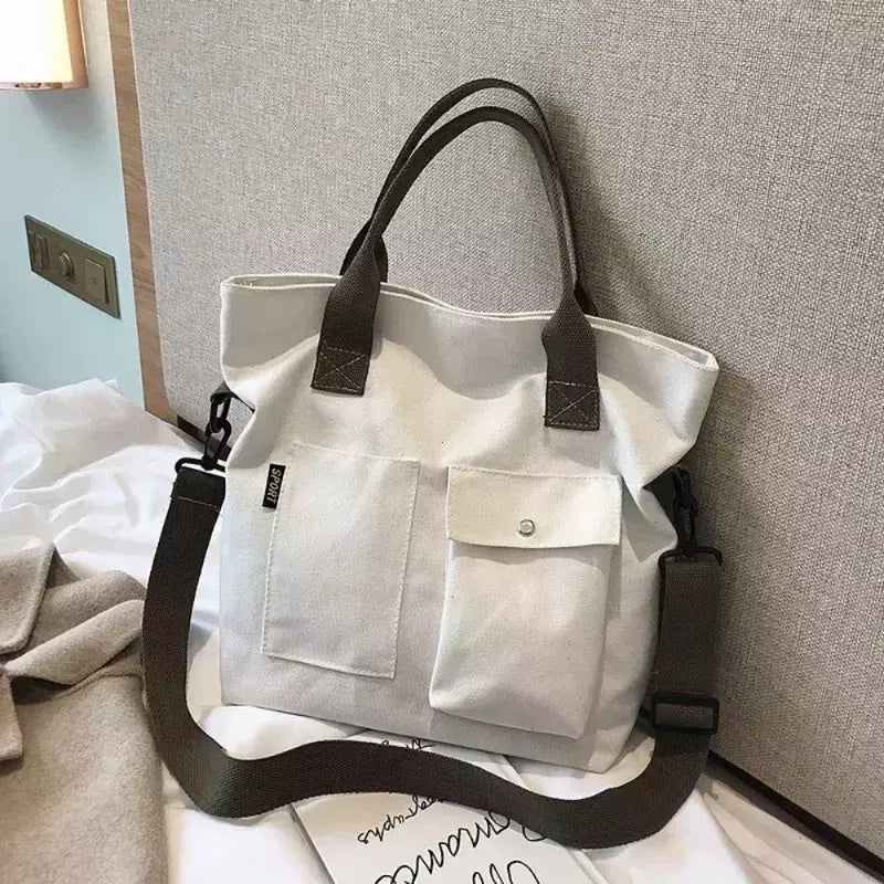 Bolsa de lona monocromática de grande capacidade para estudantes, feminina Shopper Bag, Totes transversais, bolsa de ombro casual, moda, 2024