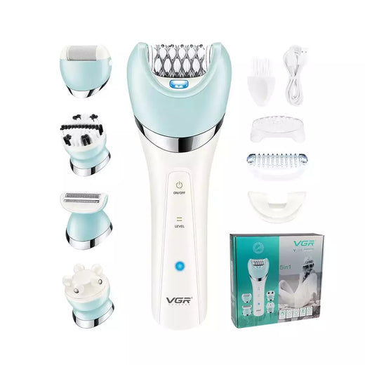 VGR Depiladora Elétrica para Mulheres, Barbeador Feminino, Removedor de Pêlos Corporais e Pernas, Lady Bikini Trimmer, Massagem de Limpeza Facial, V-703, 5 em 1