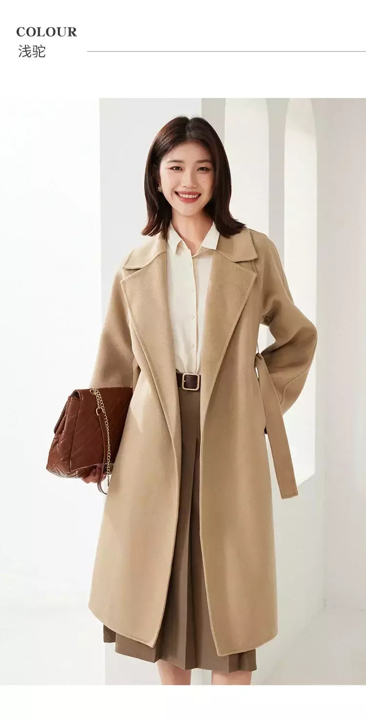 Casaco de lã dupla face feminino com cinto, fivela, 10% casaco de caxemira, cintura amarrada, top longo, moda outono e inverno, 90% lã, novo