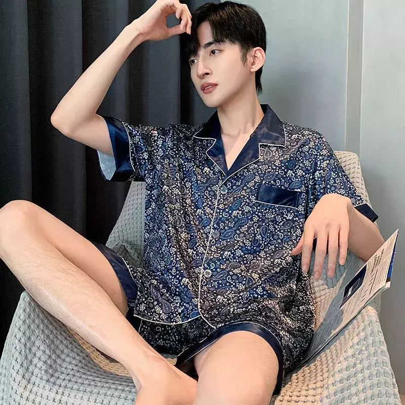 Conjuntos de pijama masculino de cetim de seda manga comprida, pijamas masculinos, camisola estampada, Casa, Soft Cozy Sleepwear Calças, Novo