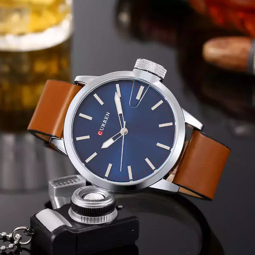 Curren-Relógio Quartz Masculino, Azul, Simples, Negócios, Marrom, Pulseira de Couro, Display Analógico, Relógios de Pulso Masculino, Presente Relógio, Moda, 8208