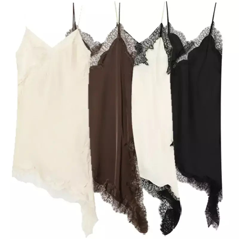 Hxao vestidos femininos de renda assimétrica vestido deslizante verão 2025 vestidos de noite sexy senhoras mini marrom sem mangas sem costas