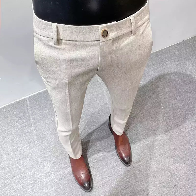 Calça casual de negócios slim fit monocromática masculina, terno de linho de alta qualidade, de escritório formal, social, plus size 38