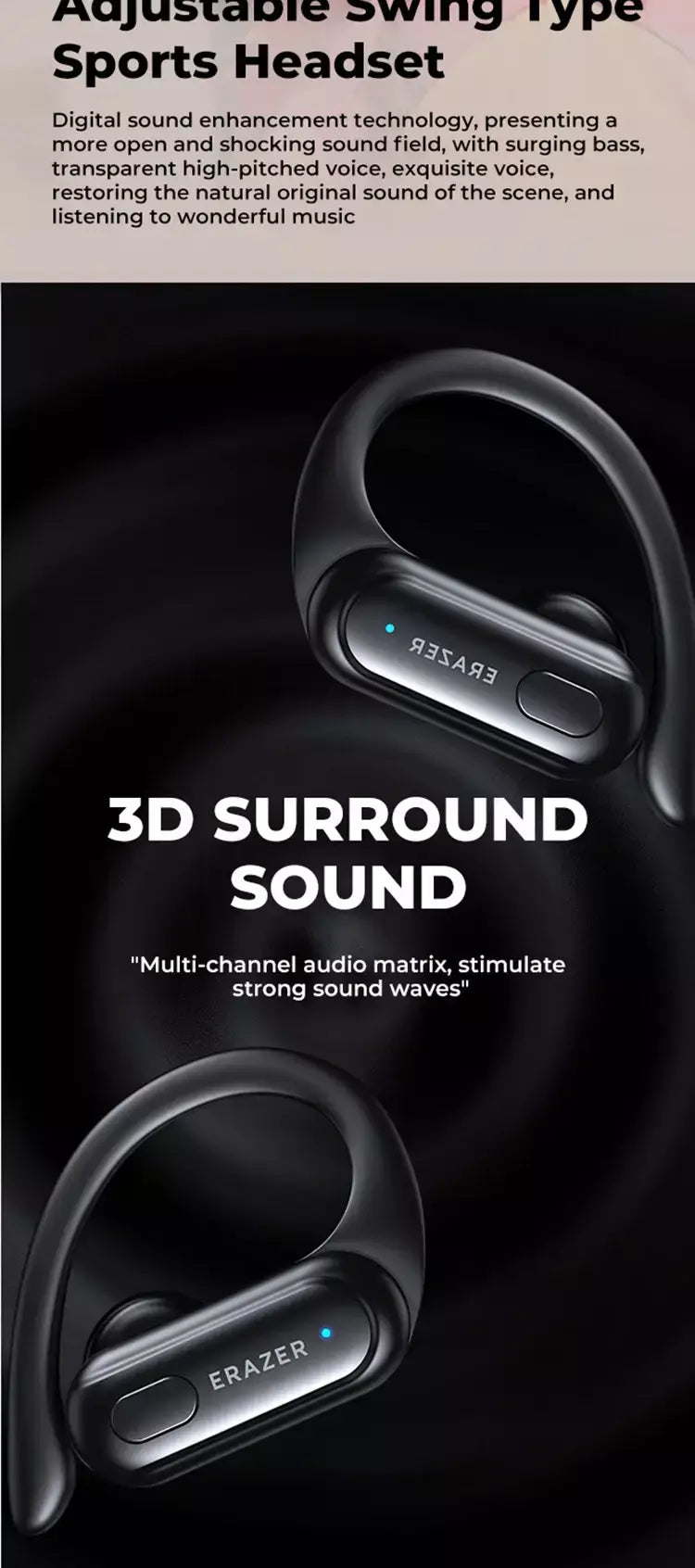 Erazer xt60pro esportes sem fio fones de ouvido bluetooth alta fidelidade redução ruído fone com microfone gancho