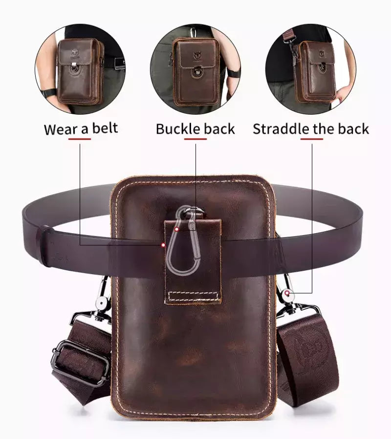 BULLCAPTAIN-Pacotes de Cintura de Couro Genuíno para Homens, Cinto Casual, Bolsa de Telefone Móvel 100% Couro Pequena Bolsa de Ombro