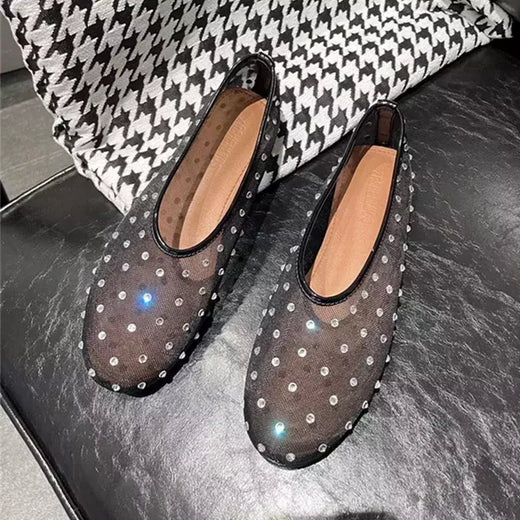 Luxo Crystal Rivet Design Sandálias de malha para mulheres, Flats leves respiráveis, Moda Comfort Mules Shoes, Mocassins elegantes, Ballet Shoes