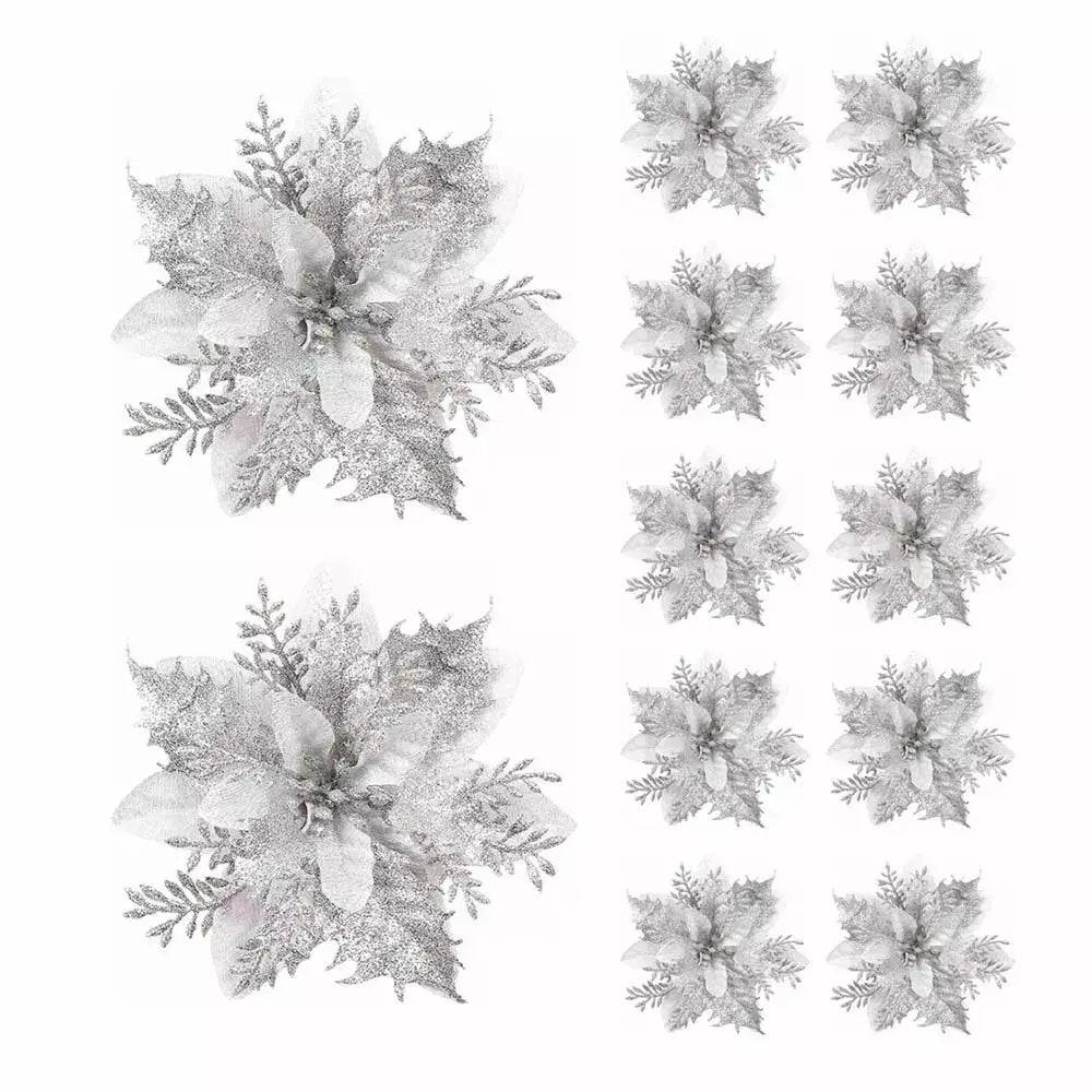 Flores artificiais com glitter para árvore de Natal, enfeites de Natal, rosa, vermelho, dourado, decoração de Natal para casa, 14,5 cm