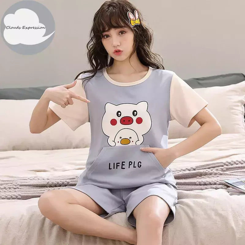 Desenhos animados pato impressão pijama conjuntos para jovens amantes, pijamas de algodão, ternos curtos para casais, moda homewear, verão, 4XL