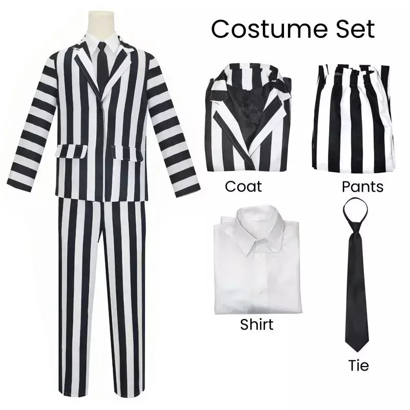 Filme suco cosplay traje preto e branco listra jaqueta camisa calça conjunto masculino adulto roupa de halloween