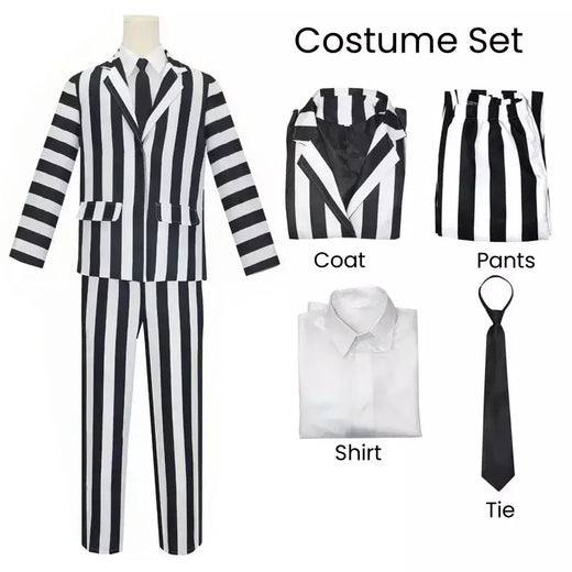 Filme suco cosplay traje preto e branco listra jaqueta camisa calça conjunto masculino adulto roupa de halloween