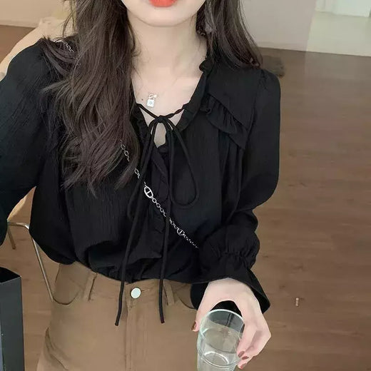 Xpqbb-Blusa de chiffon com decote em V para mulheres, camisas soltas com renda, manga comprida, babados, streetwear feminino, roupas coreanas, primavera e outono, 2024