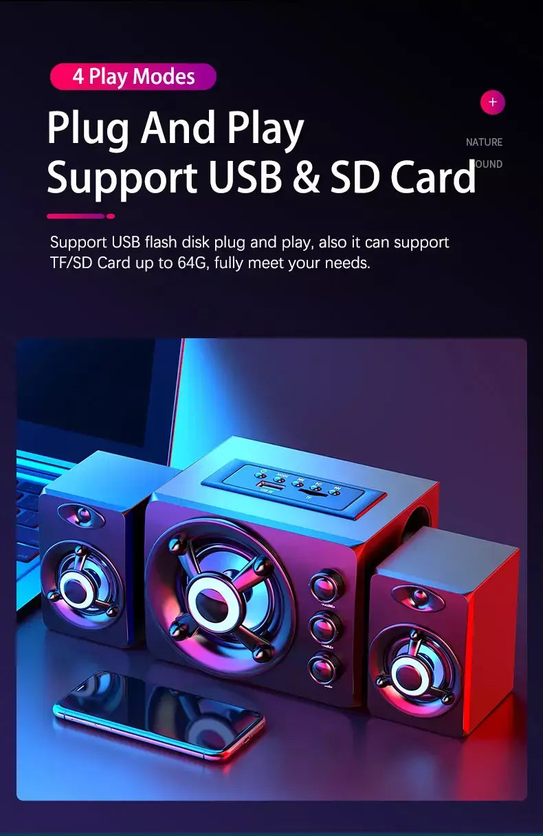 Alta-falantes estéreo 3d de alta fidelidade colorido led luz pesada aux usb com fio sem fio bluetooth áudio home theater barra de som surround tv