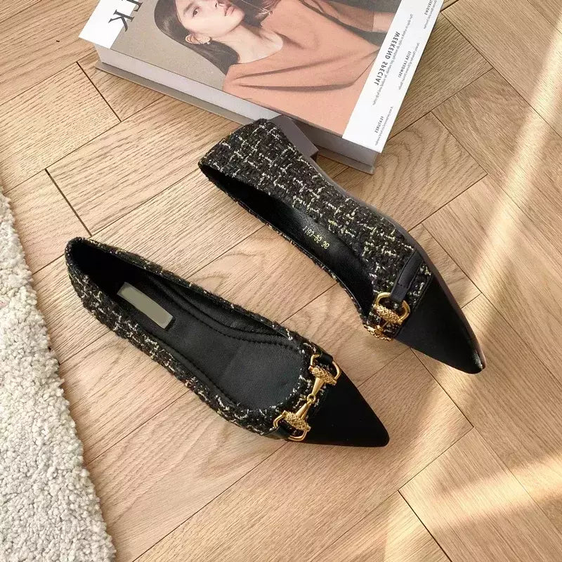 Sapato feminino de salto baixo, sapato único, boca rasa, sapatilha de salto alto, decoração de metal, novo, primavera e outono, 2024
