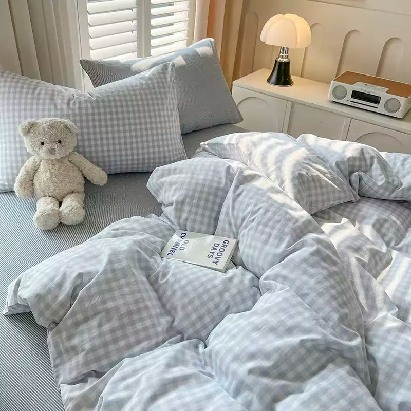 Conjunto de edredão reticulado com lençol e fronhas, roupa de cama quente, grade, completa, queen size, sem enchimento, novo, 2022, duplo