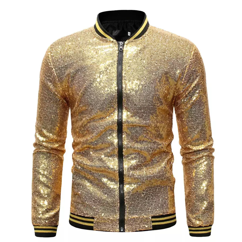 Brilhante Sequins Sparkle Bomber Jacket Homens 2023 Mais Novo Ouro Glitter Listrado Zipper Mens Jaquetas E Casacos Festa Dance Show Roupas