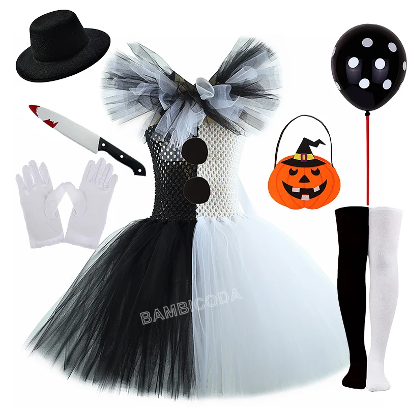 O traje de palhaço terrível arte menina preto branco fantasia tutu vestido horror coringa vestido para meninas trajes de festa de carnaval de halloween