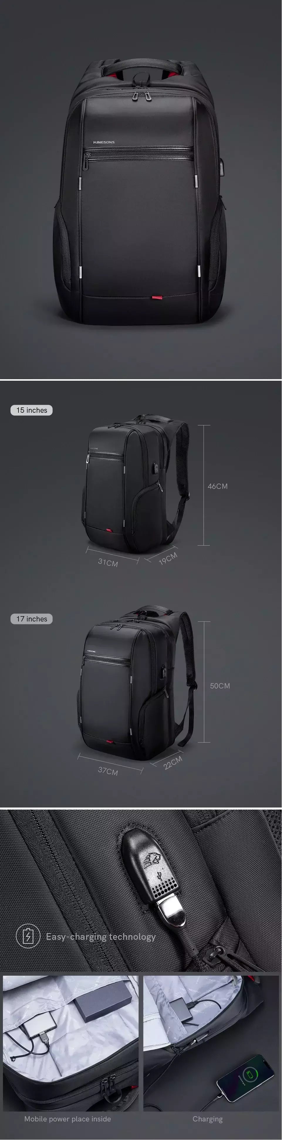Kingsons bolsa masculina à prova d'água, mochila para laptop de 17 polegadas com carregamento usb externo, mochila antifurto para laptop, multicamadas