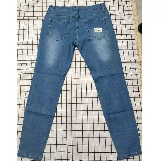 Calças jeans skinny rasgadas elásticas masculinas, bordado branco, algodão, hip hop, buraco negro, slim fit, calças jeans grandes, alta qualidade