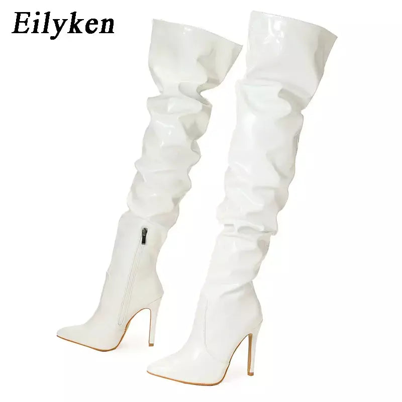 Eilyken-Patent Leather Apontado Toe Salto Alto para Mulheres, Botas Vermelhas Sobre o Joelho, Sapatos de Zíper Lateral, Stiletto Sólido, Calçado Feminino