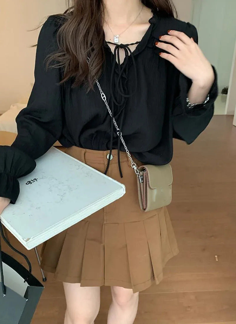 Xpqbb-Blusa de chiffon com decote em V para mulheres, camisas soltas com renda, manga comprida, babados, streetwear feminino, roupas coreanas, primavera e outono, 2024