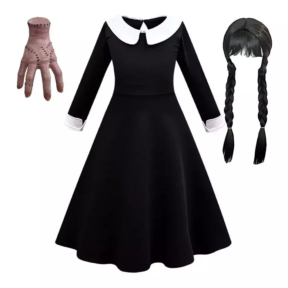 Crianças addams traje do bebê meninas família cosplay traje de halloween crianças família dança vestido preto quarta-feira pageant fantasia
