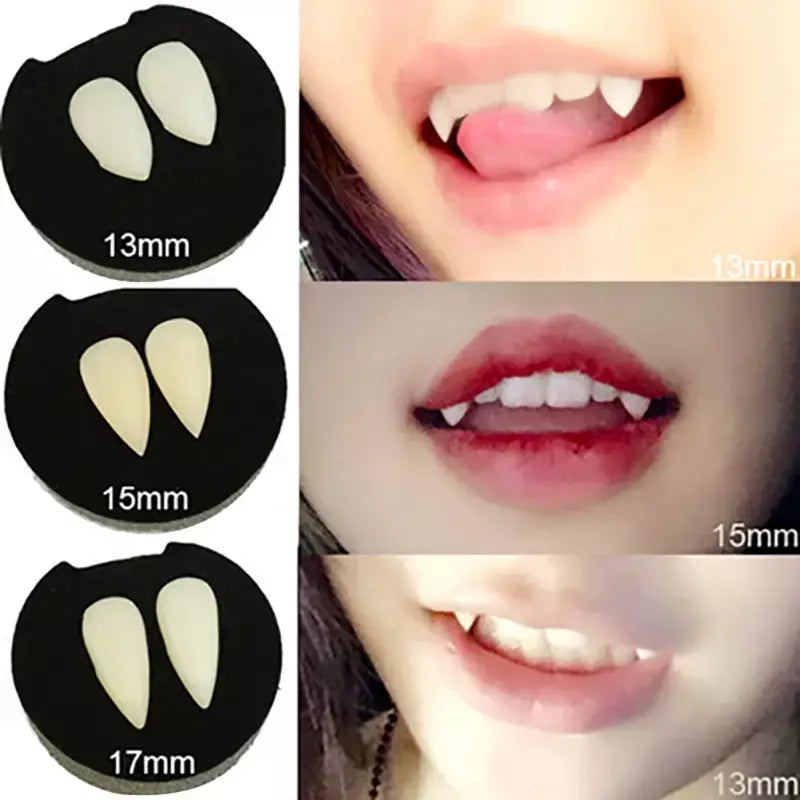 1 par de dentaduras de vampiro para halloween, adultos e crianças, festa de halloween, bola de máscaras, cosplay, cola sólida, dentes falsos, adereços de decoração diy