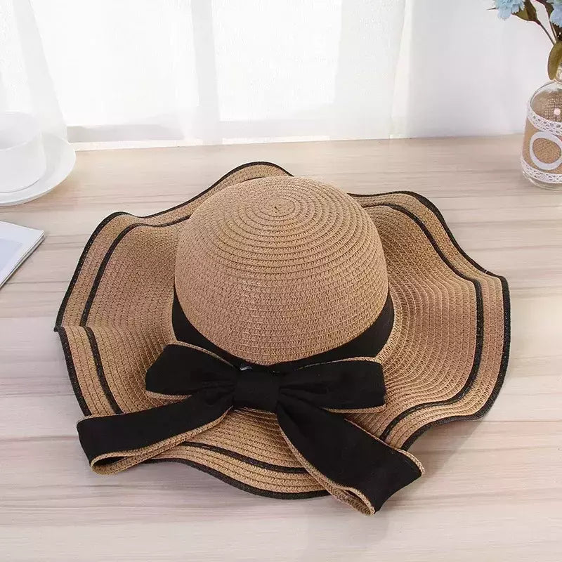 Chapéu de praia vaqueiro feminino, lateral larga, chapéu Panamá casual, Lady Classic, nó liso, chapéu de sol palha, presente Fedora feminino, verão