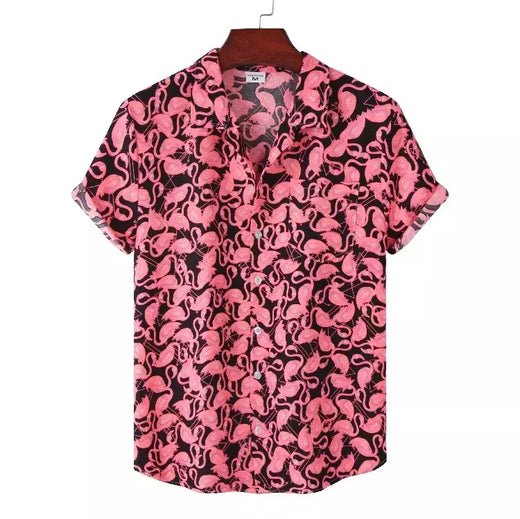 Camisa de praia de manga curta masculina, tops florais soltos, roupa de secagem rápida, estampa havaiana flamingo, férias à beira-mar