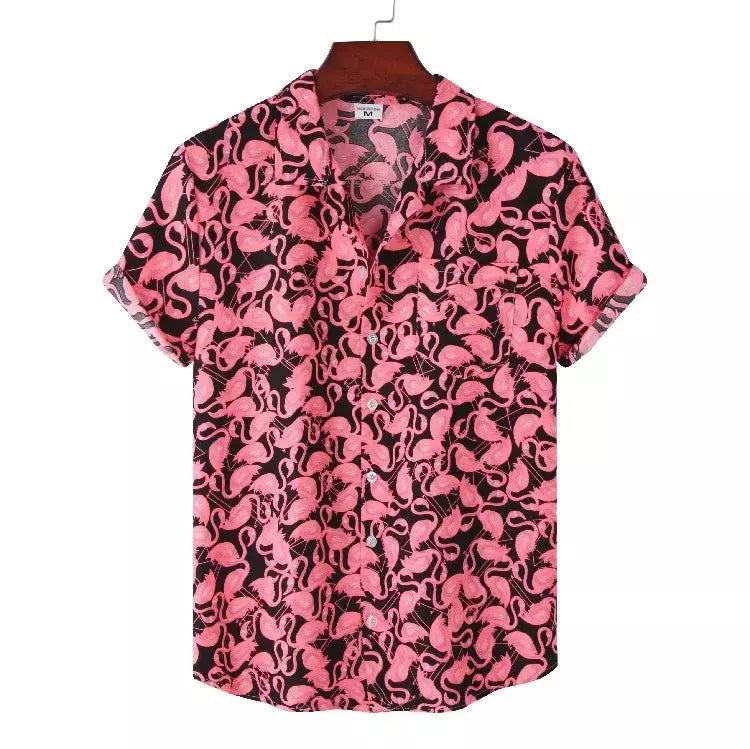 Camisa de praia de manga curta masculina, tops florais soltos, roupa de secagem rápida, estampa havaiana flamingo, férias à beira-mar