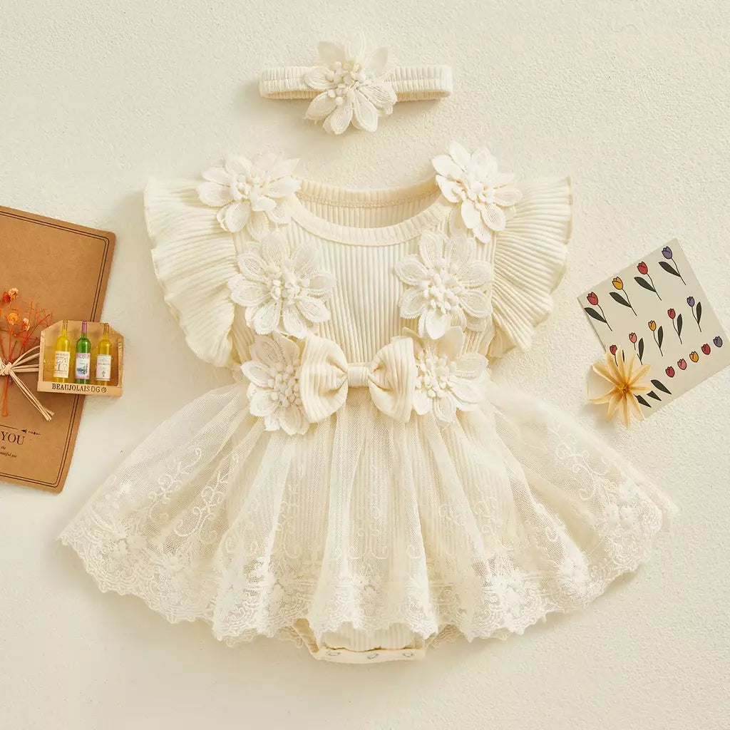 3d flor verão bebê meninas macacão princesa malha roupas recém-nascidos rendas retalhos plissado bodysuit vestido bandana crianças roupas