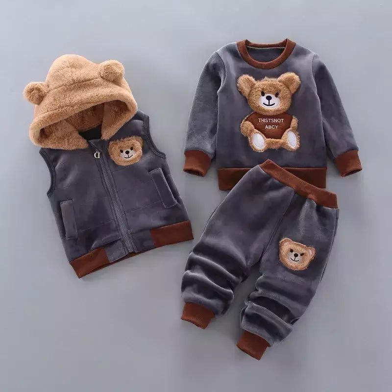 Conjunto infantil de três peças com capuz, terno casual confortável para menino, quente, fofo, moda menina, 12M-4 anos, outono, inverno, novo