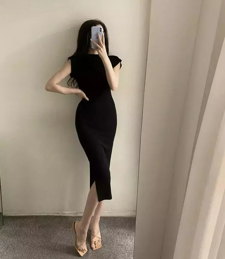 Verão novo sexy atrevido puro desejo estético fora do ombro vestido longo para as mulheres na moda fenda lateral hip cobrindo vestido