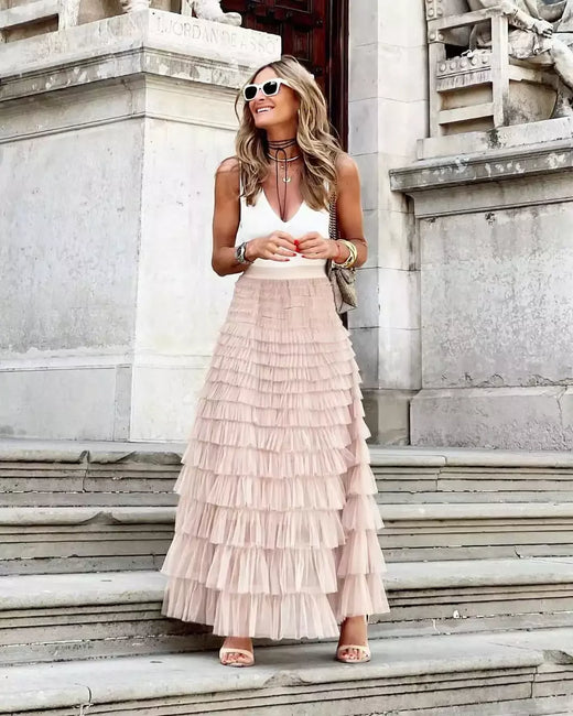 Vestido de Baile Sólido Feminino, Saia Longa, Cintura Alta, Plissada, Elegante senhoras, Malha Selvagem, Saias Maxi de Namoro, Novo, Gota, 2022