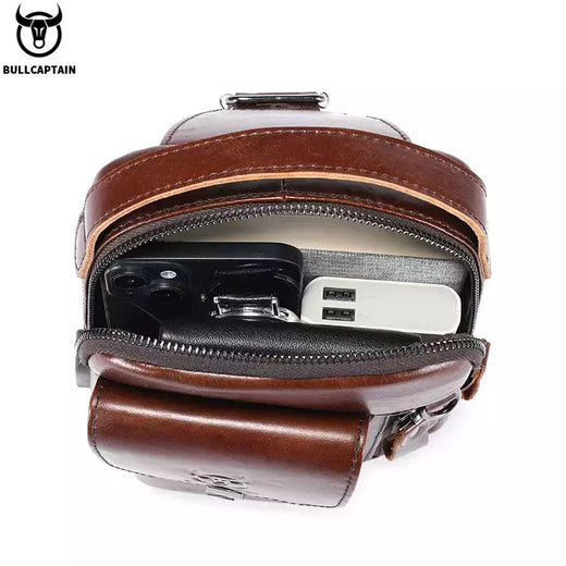 BULLCAPTAIN-Bolsa de Peito de Couro Genuíno Masculina, Bolsa Multifuncional Crossbody, Anti-Roubo, Bolsa Retro para Telefone Móvel, Casual, 7,9";;VERDADEIRO;;"Coffee