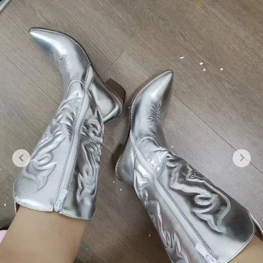 Botas meio da panturrilha para mulheres, zíper lateral, ponteiro prateado, vaqueiro ocidental, moda retrô, preto, dourado, tamanho grande 36-43