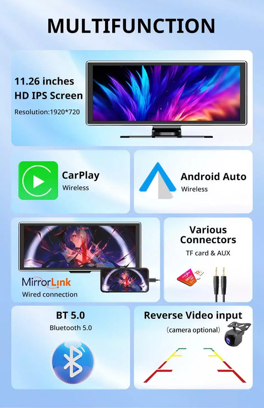 Reprodutor de vídeo multimídia com tela sensível ao toque IPS de 11,26 polegadas portátil 4K DVR sem fio CarPlay/Android Auto Dual Lens Gravador de condução