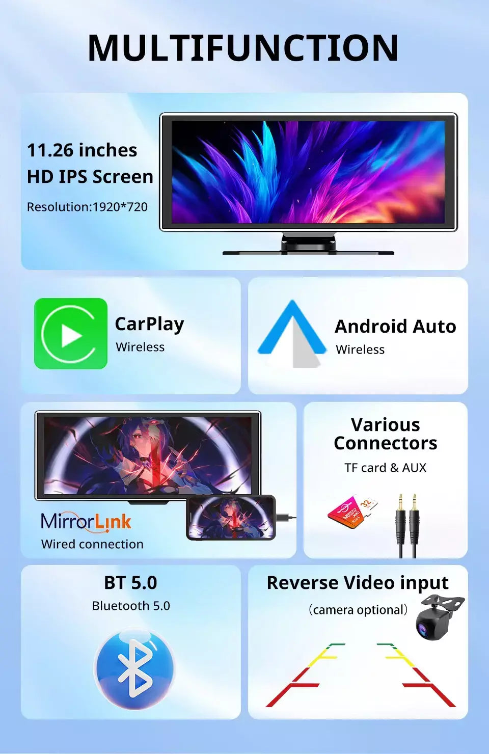 Reprodutor de vídeo multimídia com tela sensível ao toque IPS de 11,26 polegadas portátil 4K DVR sem fio CarPlay/Android Auto Dual Lens Gravador de condução