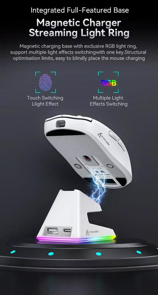 Mouse Bluetooth Attack Shark X6 PAW3395, conexão tri-mode 2.4, base de carregamento magnética RGB Touch, mouse macro para jogos