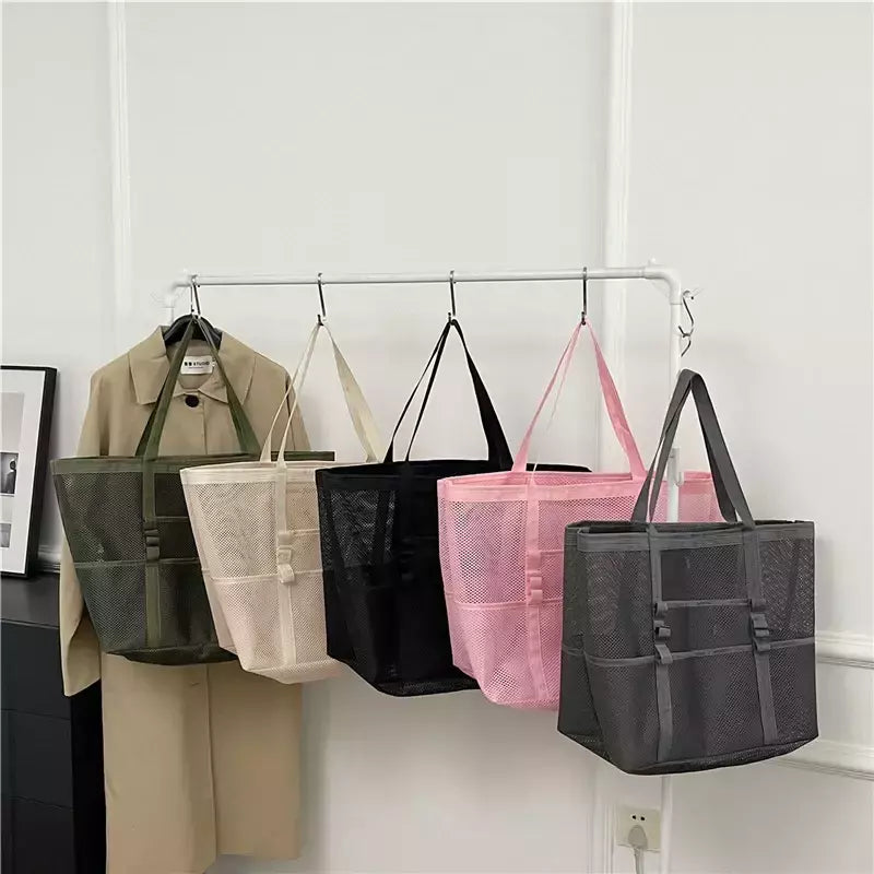 Bolsa de praia de malha portátil para mulheres, maquiagem, bolsa de lavagem, organizador de banho, Shopper Totes, verão