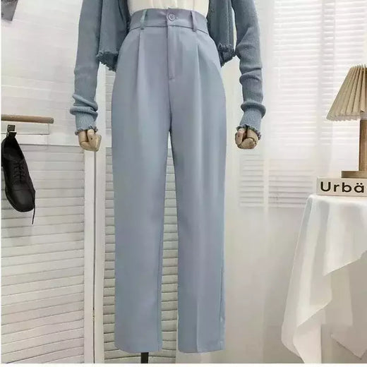 Calça feminina elástica de cintura alta, calça feminina do escritório, casual solta streetwear, reta, preta, nove pontos, moda, outono, primavera