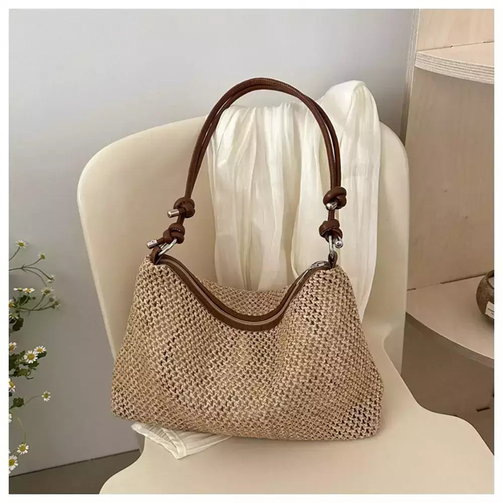 Saco de palha tecido Rattan para senhoras, sacola de grande capacidade, bolsa trançada artesanal, bolsa de ombro, moda